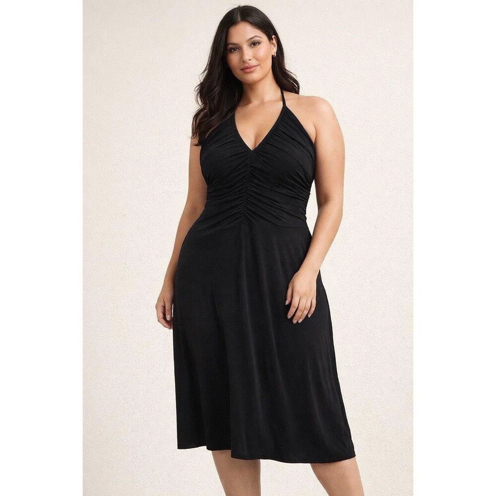 I.N. STUDIO BLACK HALTER RUCHED MIDI DRESS SIZE 16 USA MADE GUC!